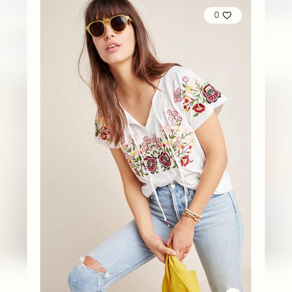Anthropologie Elodie Embroidered Floral White Top, Size‎ S